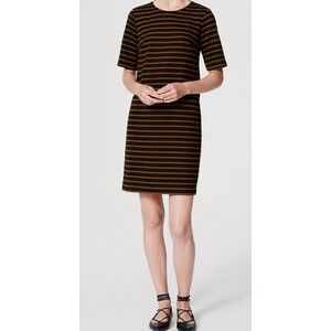 Ann Taylor LOFT Black Shift Dress Horizontal Gold Stripe Career Casual Women Med